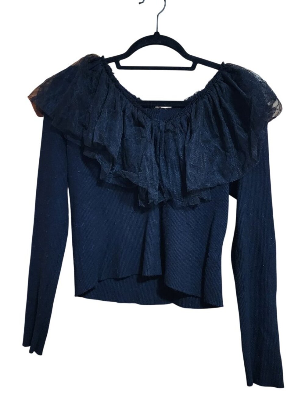 Versona Ruffled V Neck Black Sweater Womens Size XL
